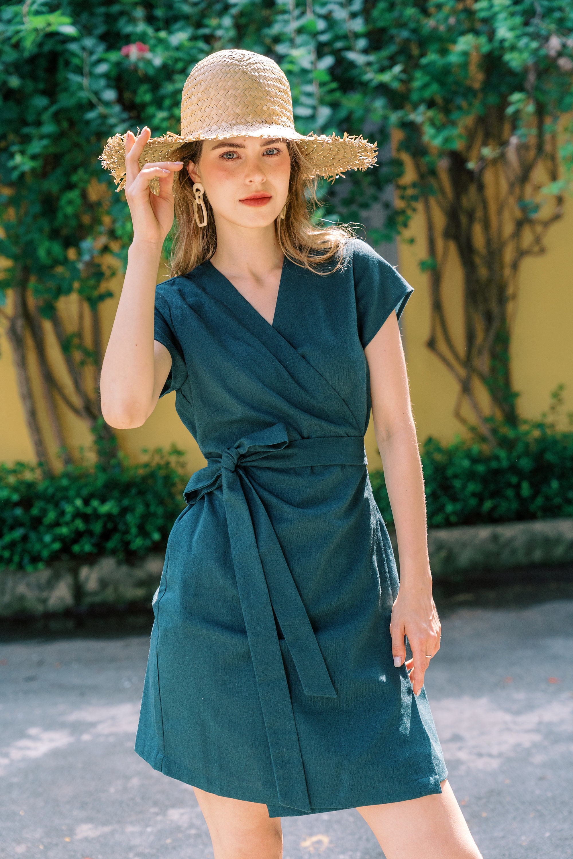 Linen Wrap Dress: Short Sleeve V-Neck Summer Dress