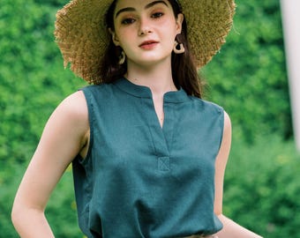 Linen Tank Top Split Neckline, Premium Linen Clothing for Women