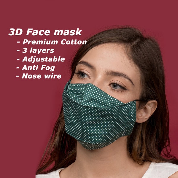 3D Face Mask | 3-Layers | Nose wire | Anti Fog Mask for Glasses | Holiday Face Mask | Premium Cotton Fabric