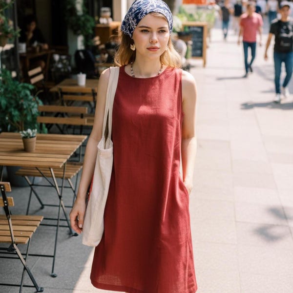 Sleeveless Linen Mini Dress POPPY, A-Line Tunic
