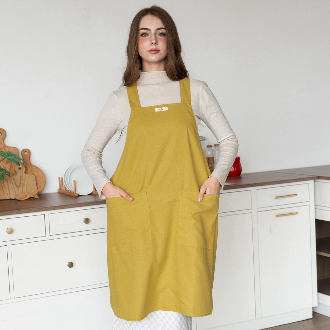 Reversible Linen Apron: Cross Back, Color Block Kitchen Apron - Etsy