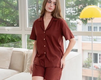 Linen Pajama Set: Women's Summer Loungewear, Short Sleeve Shirt & Shorts