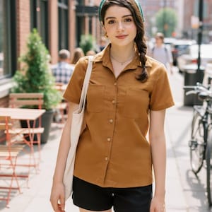 Linen short sleeves shirt - Handmade Clothing for Women Latte