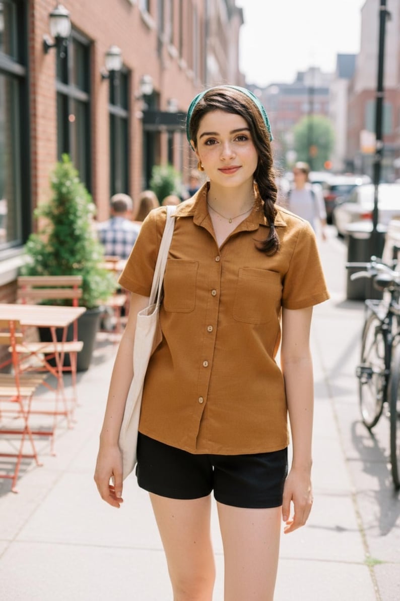 Linen short sleeves shirt - Handmade Clothing for Women Latte