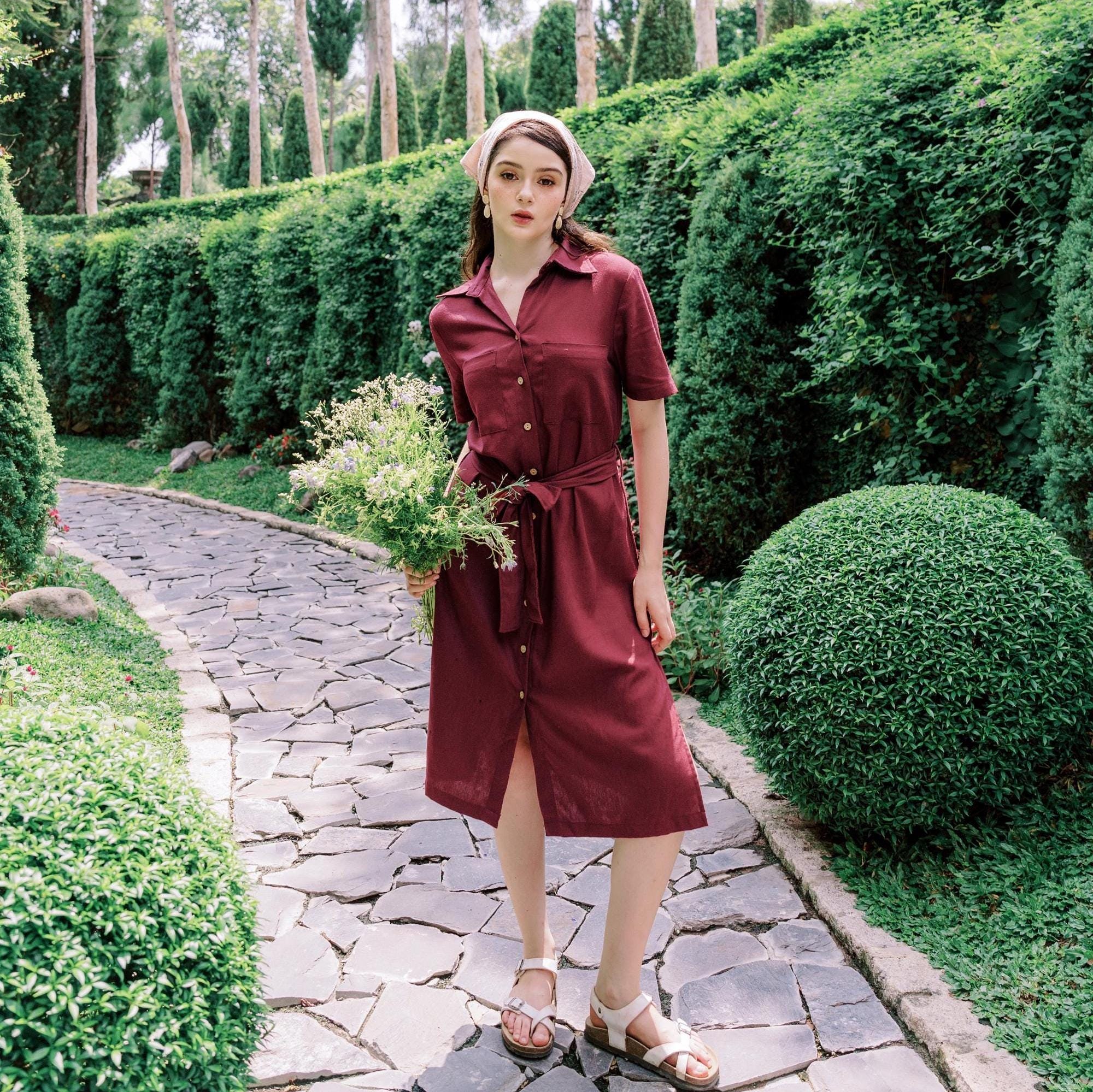 belt linen dress All Season Linen Dress with Obi Belt and Pockets, Floor Lenghth Maxi Dress, Heavyweight Linen Dress, Womens Linen Clothing, XL / Plum