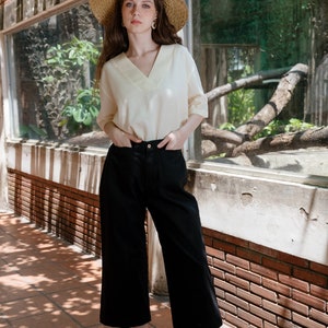 Pantalon en lin mi-mollet, Pantalon court en lin, Pantalon en lin à taille élastique, Vêtements en lin haut de gamme pour femme Noir