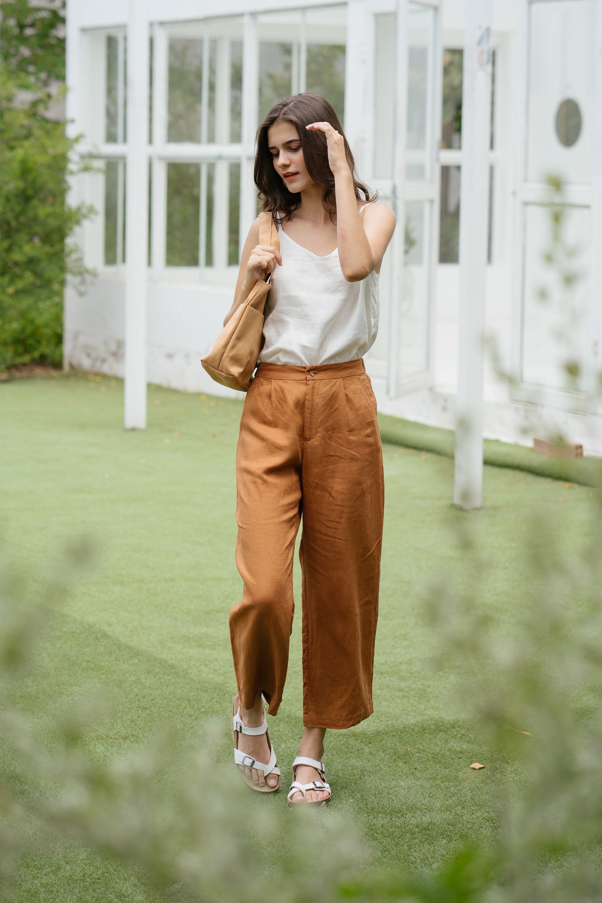 Buy online Beige Solids Wide Leg Trouser from bottom wear for