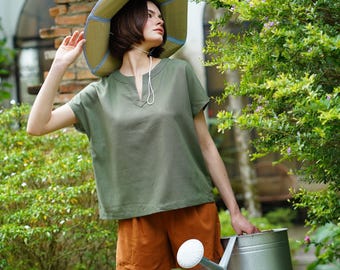 Round Split Neckline Linen Blouse LILLIAN, Linen Cap Sleeve Top, Short Sleeve Linen Top, Simple Linen Blouse, Linen Clothing for Women