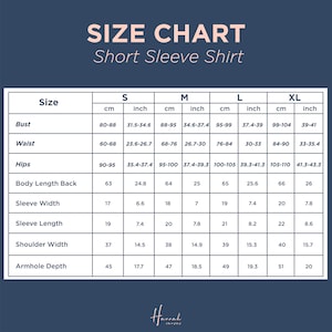 May include: Size chart for a short sleeve shirt with measurements in inches and centimeters for bust, waist, hips, body length back, sleeve width, sleeve length, shoulder width, and armhole depth. Sizes include S, M, L, and XL.