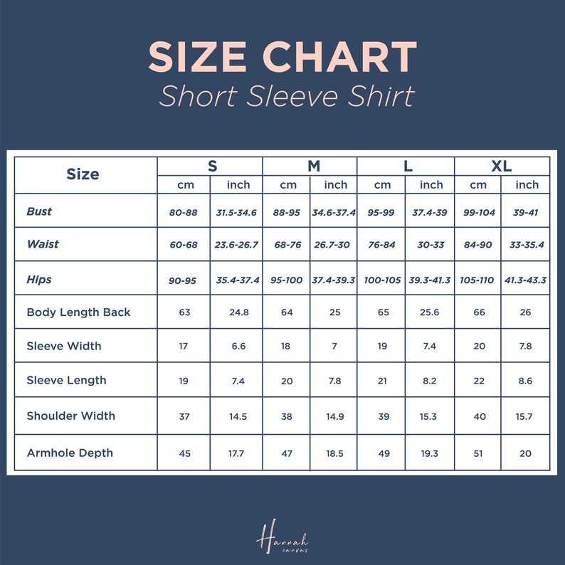 May include: Size chart for a short sleeve shirt with measurements in inches and centimeters for bust, waist, hips, body length back, sleeve width, sleeve length, shoulder width, and armhole depth. Sizes include S, M, L, and XL.