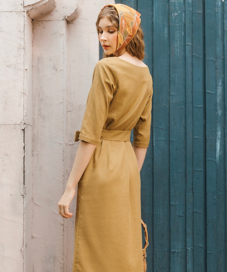 Linen Midi Dress Elegant Short Sleeves Dress With Belt Premium Linen Clothing for Women image 6