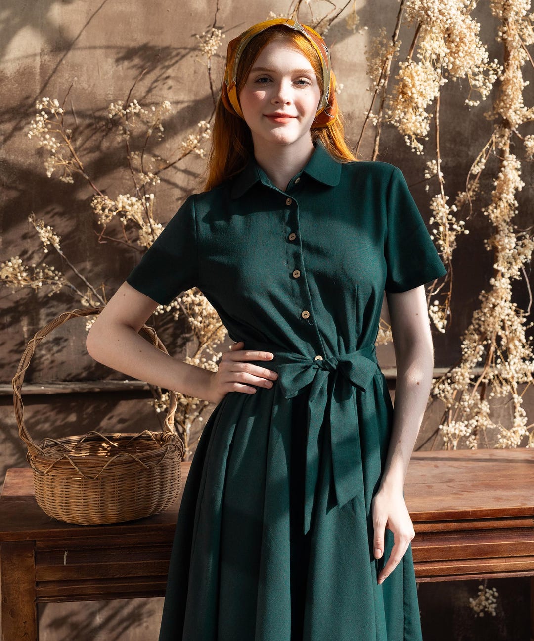 shirt collar dresses Dress with Oversized mamzi tie button shirt collar dress brings a clear 1940s feeling to the outfit Navy Button Plaid Long Sleeve