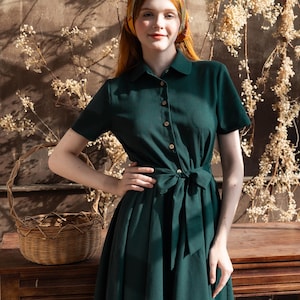 Linen Shirt Collar Dress MAGNOLIA, Short Sleeve Shirt Dress with belt, Midi Length Shirt Dress, Premium Linen Clothing for Women