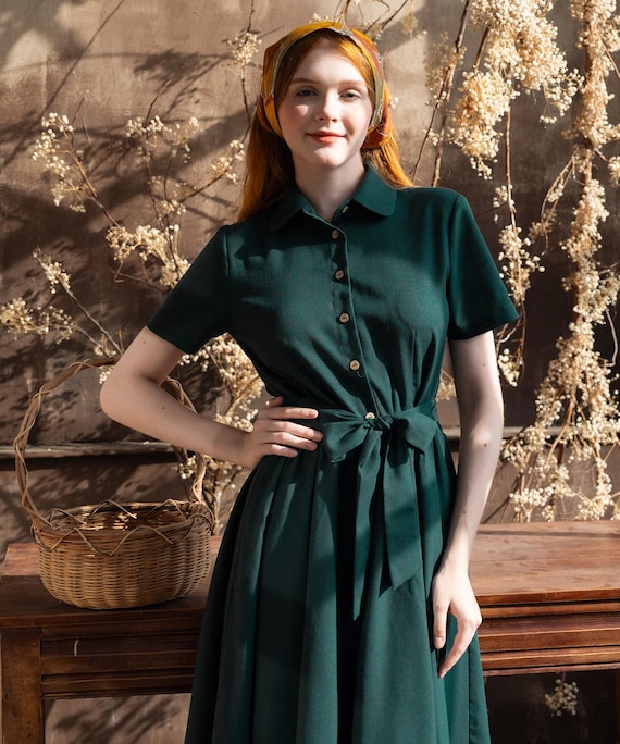 knee length dresses for ladies Deep Green All-Day Linen Shirt Dress For Women – The Svaya