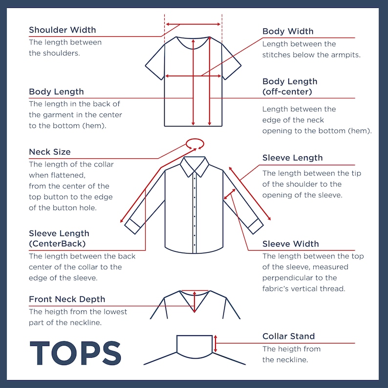May include: Diagram showing how to measure different parts of a shirt, including shoulder width, body length, neck size, sleeve length, sleeve width, and collar stand.