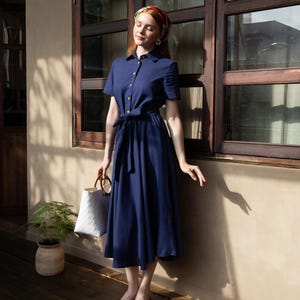 Linen Shirt Collar Dress MAGNOLIA, Short Sleeve Shirt Dress with belt, Midi Length Shirt Dress, Premium Linen Clothing for Women