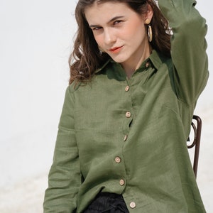 Linen Shirt Long Sleeves Loose Fit Top Linen Clothing for Women Premium Natural Fabric Green