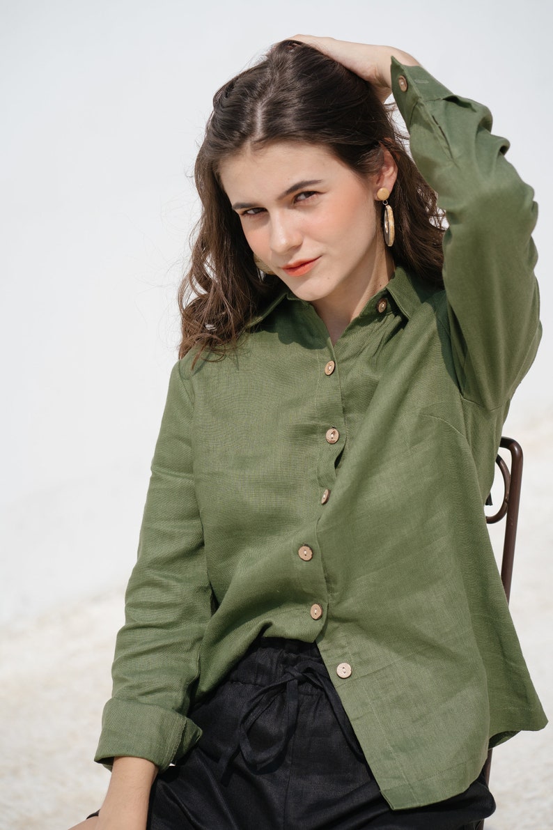 Linen Shirt Long Sleeves Loose Fit Top Linen Clothing for Women Premium Natural Fabric Olive