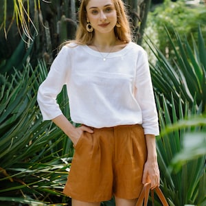 Linen High Waist Shorts Premium Linen Clothing for Women Latte