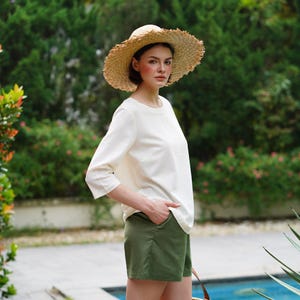 Loose Linen Top Boat-Neck And Elbow Length Sleeves - Premium Linen Clothing for Women