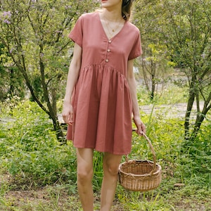 V Neck Linen Short Dress, Linen Mini Dress, Linen Sundress, Premium Linen Clothing for Women Rust
