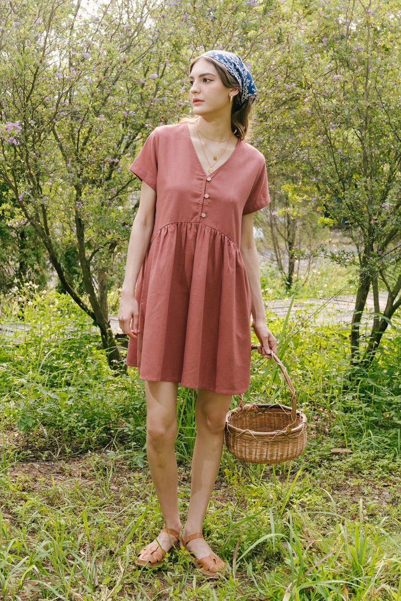 V Neck Linen Short Dress, Linen Mini Dress, Linen Sundress, Premium Linen Clothing for Women Rust