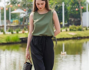 Linen Tank Top Sleeveless In Round Neck - Linen Clothing for Women