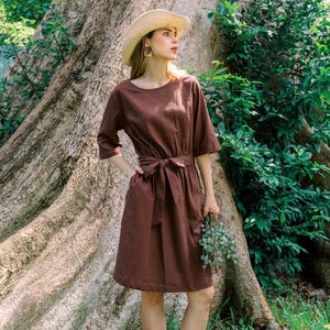 LINEN FLARE DRESS, Linen Boat-neckline Dress, Linen Dress with belt, Dress for Woman, Waist Belt Dress, A Dress, Loungewear, Hannah Canvas