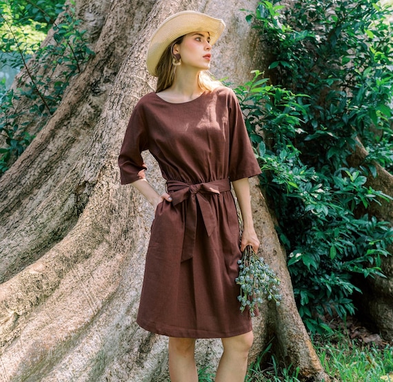 Linen Flare Dress, Linen Boat-Neckline Dress, Linen Dress with Belt, Dress for Woman, Waist Belt Dress, A Dress, Loungewear, Hannah Canvas