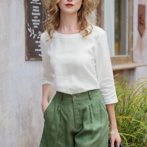 Linen High Waist Shorts Olive