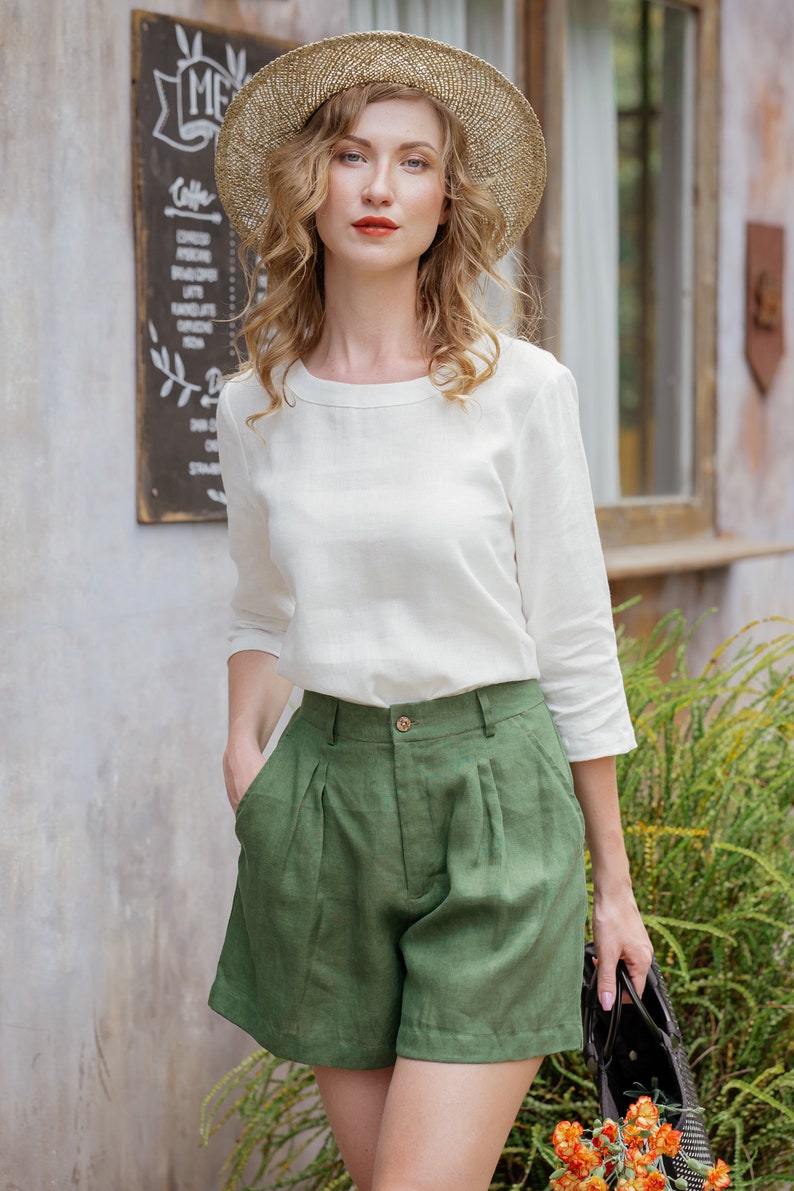 Linen High Waist Shorts Olive