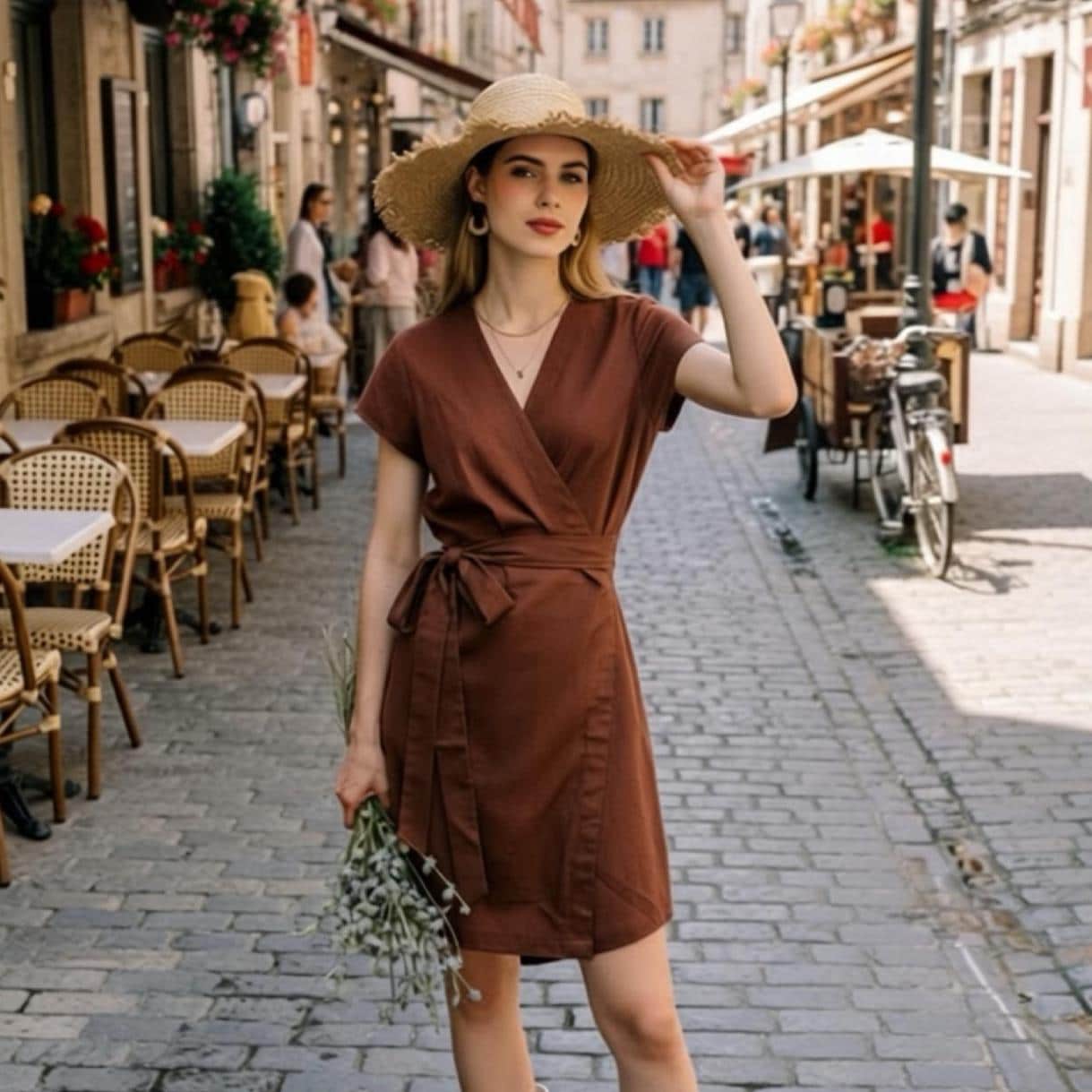 knee length dresses for ladies Short sleeve Green Linen Wrap dress 5142 – Xiaolizi