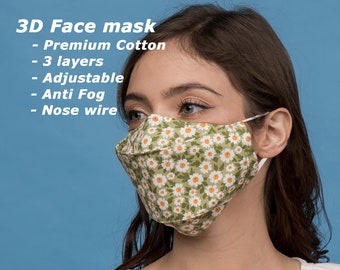 3D Face Mask | 3-Layers | Nose wire | Anti Fog Mask for Glasses | Holiday Face Mask | Premium Cotton Fabric