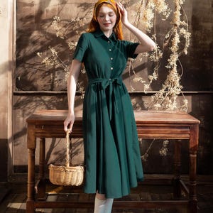 Linen Shirt Collar Dress MAGNOLIA, Short Sleeve Shirt Dress with belt, Midi Length Shirt Dress, Premium Linen Clothing for Women