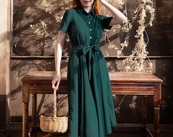 Linen Shirt Collar Dress MAGNO, Short Sleeve Shirt Dress with belt, Midi Length Shirt Dress, Premium Linen Clothing for Women