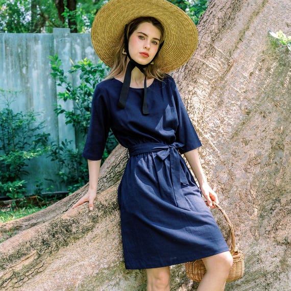 LINEN FLARE DRESS, Linen Boat-neckline Dress, Linen Dress With Belt, Dress  for Woman, Waist Belt Dress, A Dress, Loungewear, Hannah Canvas - Etsy