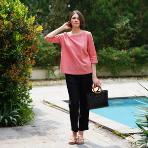 Linen Top Boat-Neck And Elbow Length Sleeves - Premium Linen Clothing for Women