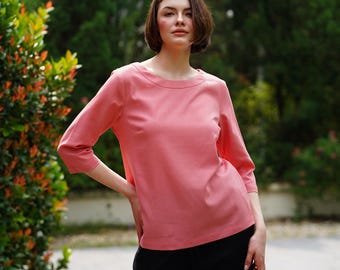 Linen Boat-Neck Blouse with Elbow Length Sleeves, Loose Linen Top, Women Summer Blouse, Linen Clothing for Women
