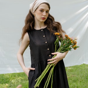 Linen Loose Sleeveless Dress Premium Linen Clothing for Women Black