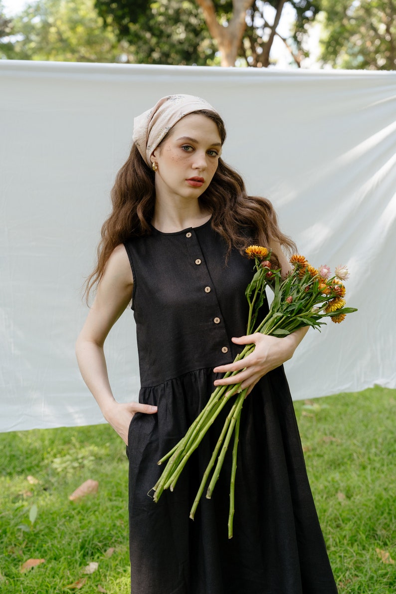 Linen Loose Sleeveless Dress Premium Linen Clothing for Women Black