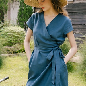 Wrap Linen Dress With Belt, Linen Dress With Ties, Premium Linen Clothing for Women Mosaic