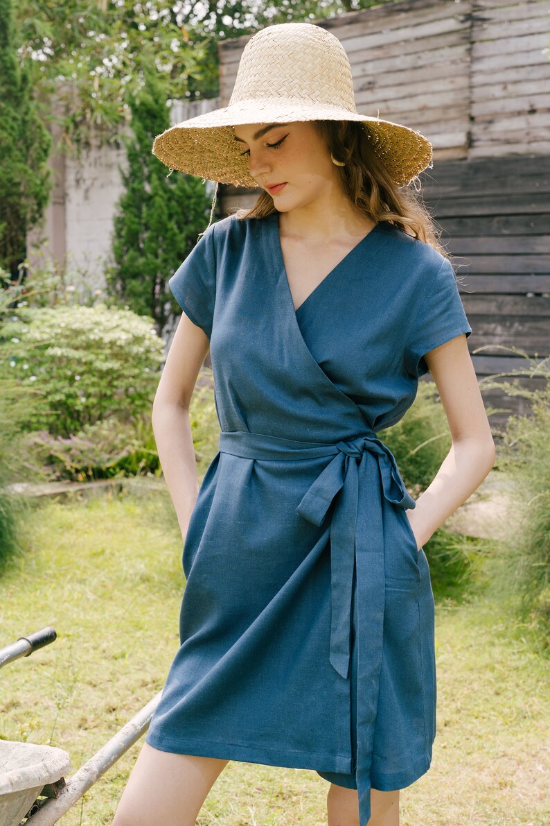 Wrap Linen Dress With Belt, Linen Dress With Ties, Premium Linen Clothing for Women Mosaic