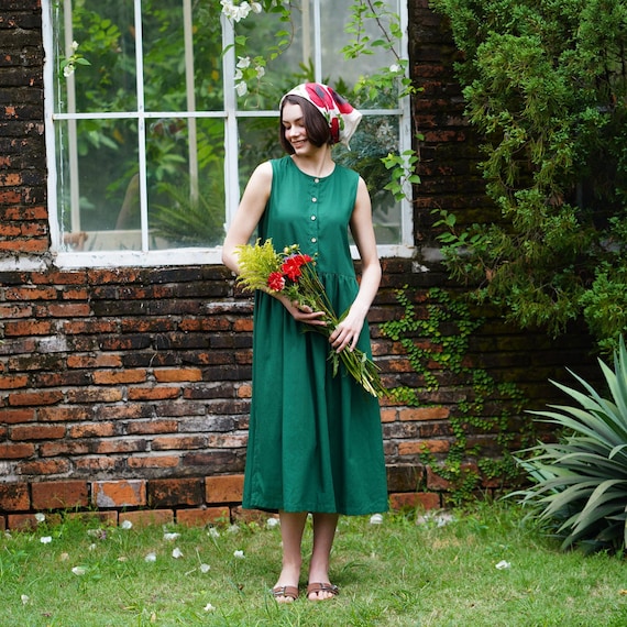 Breathable Linen Dress With Boat Neckline