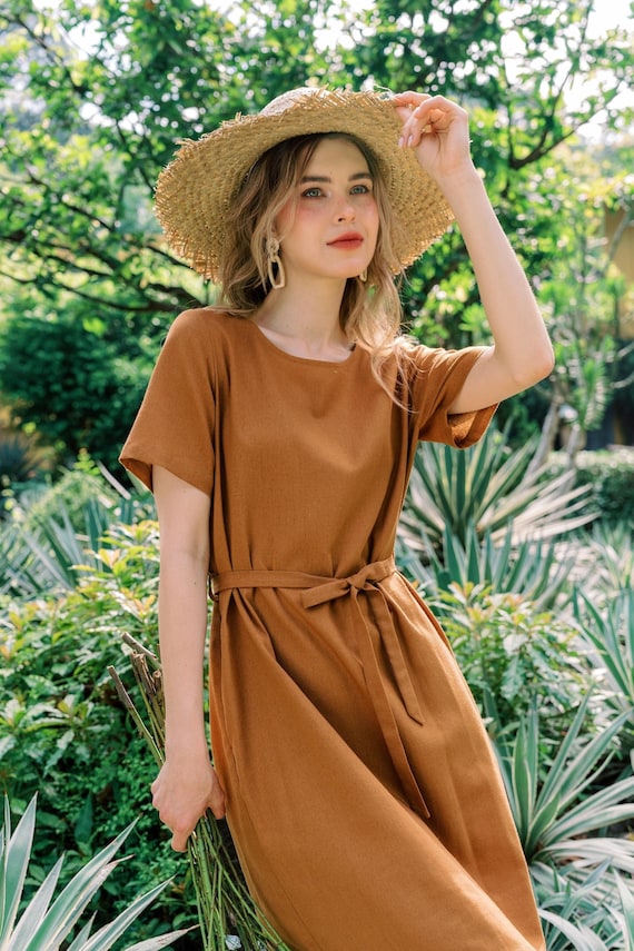 LINEN DRESS DAISY, Linen Dress With Belt, Short Linen Dress, Flare Dress  for Woman, Boat-neckline Dress, Gift for Her, Hannah Canvas - Etsy