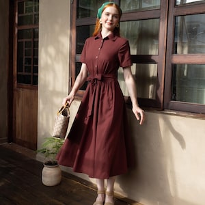 Linen Shirt Collar Dress MAGNOLIA, Short Sleeve Shirt Dress with belt, Midi Length Shirt Dress, Premium Linen Clothing for Women