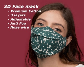 Easy Breathe 3D Face Mask | 3-Layers | Nose wire | Anti Fog Mask for Glasses | Premium Cotton Fabric