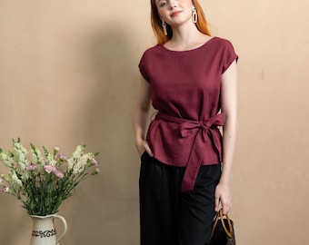Linen Tie Waist Top - Handmade Clothing for Women