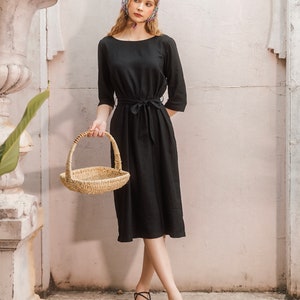 Linen Midi Dress Elegant Short Sleeves Dress With Belt Premium Linen Clothing for Women Black