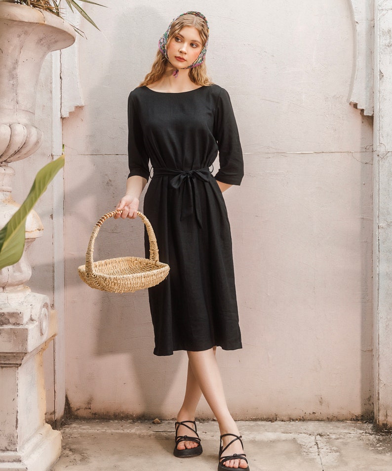 Linen Midi Dress Elegant Short Sleeves Dress With Belt Premium Linen Clothing for Women Black