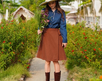 Linen wrap skirt with side tie, Linen Wrap Skirt Knee Length, High waisted Skirt with ties, A-line linen skirt, Linen Clothing for women